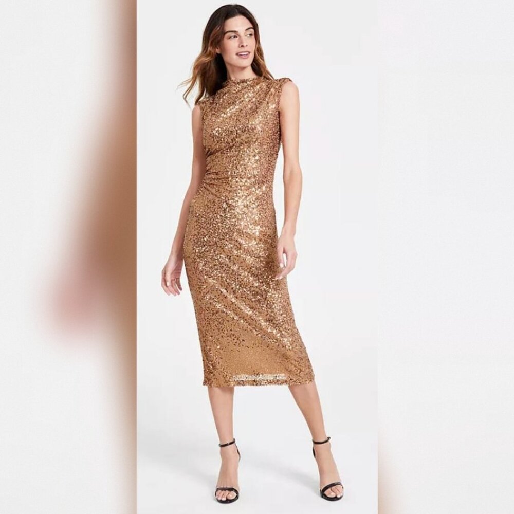 Mock Neck Bronze Sequin Ruched Cocktail